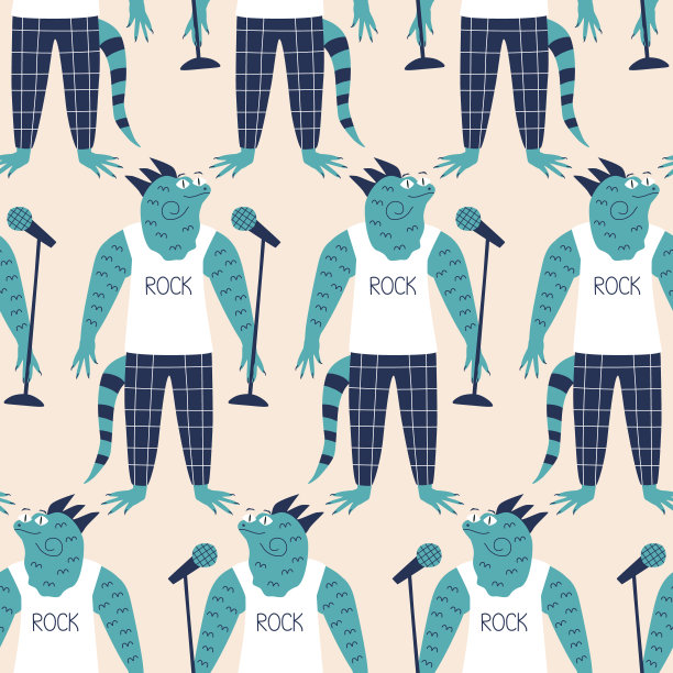 伊瓜那朋克摇滚歌手在白色t恤“摇滚”和格纹裤子与麦克风手绘矢量插图。有趣的动物角色在衣服上无缝图案的儿童织物或墙纸。图片下载