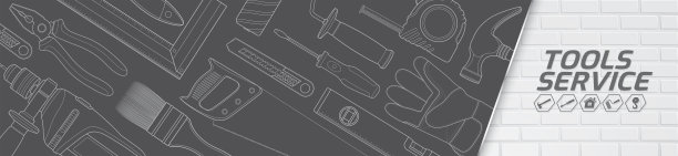施工概念工具商店服务水平横幅和平面图标集所有的工具供应房屋维修建设者在白色背景矢量插图图片下载