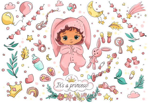 这是一个女孩或公主模板。婴儿淋浴旗帜。大套卡通新生女孩，兔子，气球和花，云，月亮，星星，皇冠，玩具。矢量可爱儿童插画图片下载