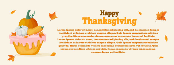 感恩节快乐。南瓜小蛋糕和糖奶油甜点。感恩节或丰收节的贺卡和传单。设计卡通矢量插画图片下载