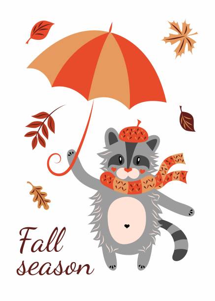 秋天的名片。浣熊打着伞，树叶上刻着“秋天”的字样。图片下载