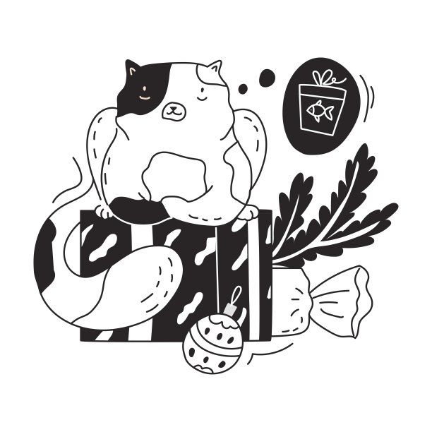 可爱的小猫咪坐在一堆礼物上，梦见了一条鱼。新年贴纸上有一只有趣的猫。节日聚会的贺卡。平面风格的矢量插图。孤立的白色背景。图片下载