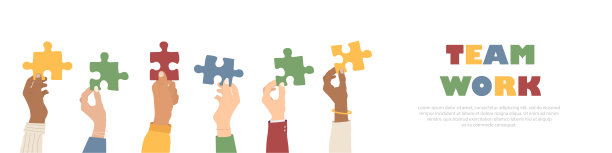 团队合作。多民族群体玩拼图游戏。合作与伙伴关系的概念。平的风格。矢量图图片下载