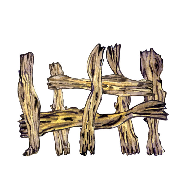 旧木栅栏，树皮水彩插图孤立在白色背景。图片下载