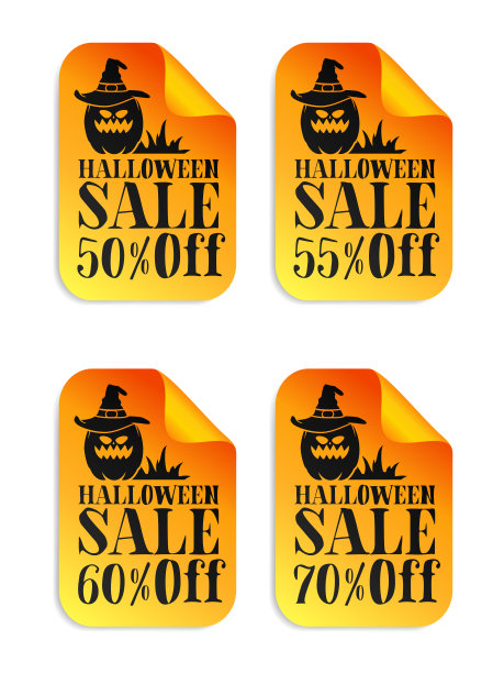 万圣节出售橙色贴纸套装。戴着女巫帽的南瓜。万圣节大甩卖50%，55%，6折，7折图片下载