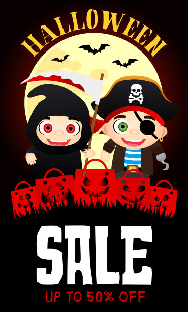 万圣节销售五折海报滑稽的孩子在万圣节服装海盗，死神和滑稽的包装图片下载