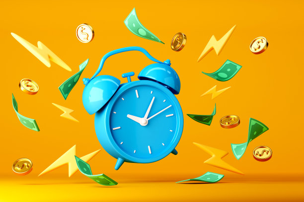 蓝色闹钟与浮动的纸币和硬币图片下载