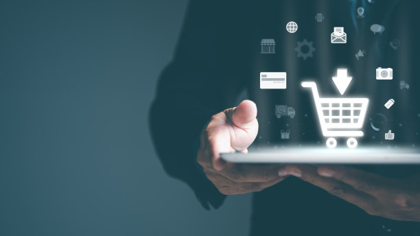 电子商务概念和在线销售网站基于cyberspace的零售企业使用它在店主和顾客之间进行沟通。虚拟购物车在平板电脑上，图片下载