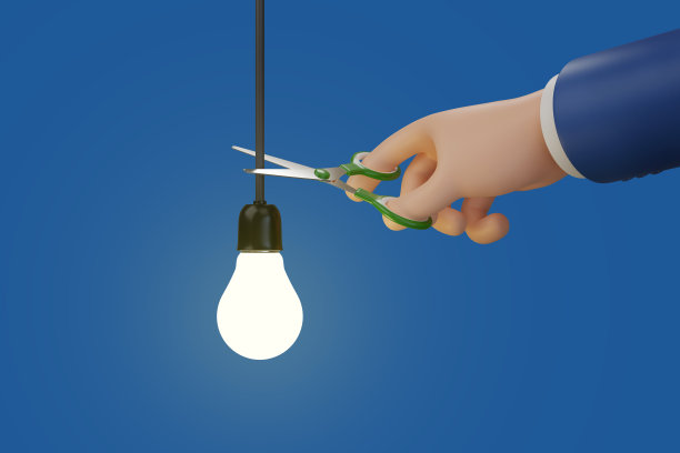 用剪刀剪灯泡电线的卡通手。节能的概念。3 d演示。图片下载