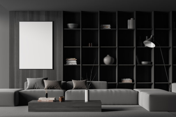 灰色的冷藏室内部有沙发和艺术装饰。模型框架图片下载