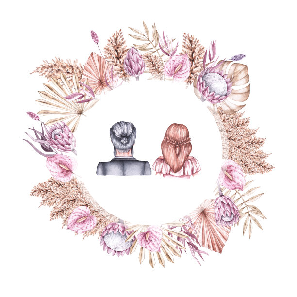 用热带画框画的新娘和新郎的水彩画图片下载