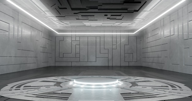 3 d渲染。空光工作室房间未来科幻大大厅房间与灯光白色，未来的背景为设计。图片下载