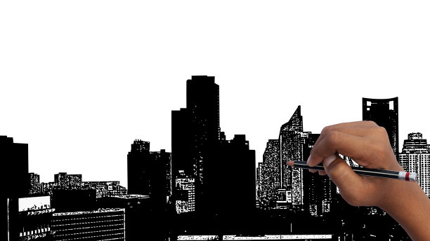 近距离手绘城市草图为您的设计，绘制在黑色墨水在白色背景图片下载
