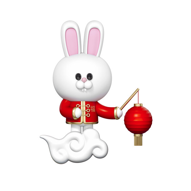 3d兔生肖人物与中国灯笼站在云端3d渲染。3d插图祝福幸福，繁荣和长寿。2023年中国新年佳节。图片下载