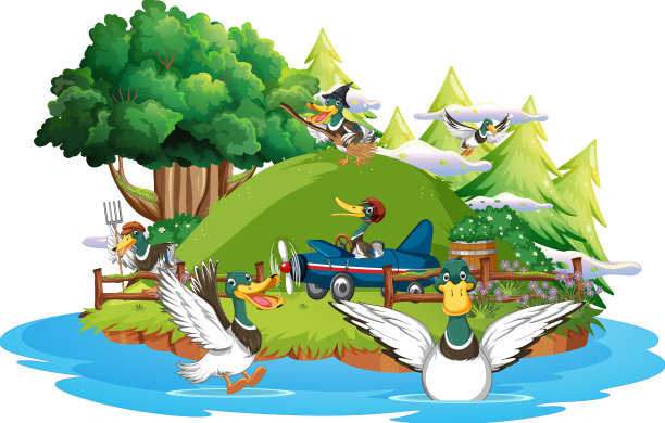 快乐的鸭子群在大自然的场景图片下载