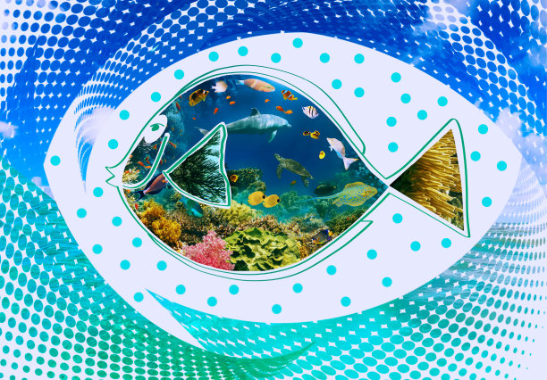 鱼和五颜六色的珊瑚礁，有许多鱼和海龟。拯救海洋生物。概念艺术设计或拼贴。图片下载