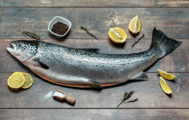 新鲜的生鲑鱼，红鱼配香料，盐，柠檬，胡椒，迷迭香放在深色的木制背景上。鲑鱼烹饪。海鱼，健康食品。俯视图图片下载