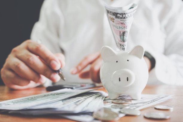 节能省钱的理念。储蓄或投资的想法。商人手把钞票钞票放进小猪存钱和理财概念，钱硬币概念理财。图片下载