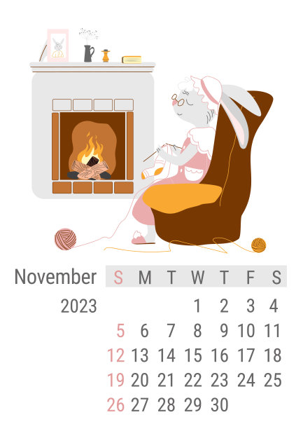 矢量垂直日历2023年11月与兔奶奶在壁炉边图片下载