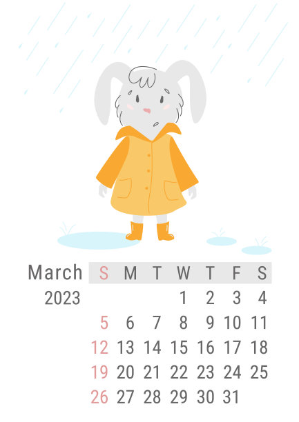 矢量垂直日历2023年3月与一只兔子在雨中穿着雨衣图片下载