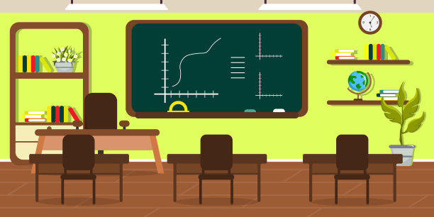 矢量插画现代室内学校教室。卡通内部的书桌，椅子，花盆，黑板，书架，书，时钟，地球仪。图片下载