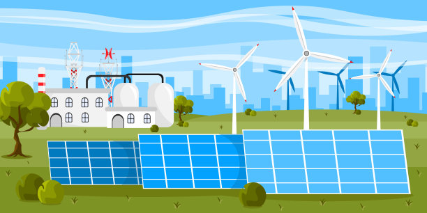 矢量插图美丽的发电站。卡通城市建筑，太阳能电池板，风力涡轮机，无线电塔和城市背景。图片下载