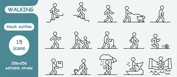 黑色轮廓图标集“行走”图片下载