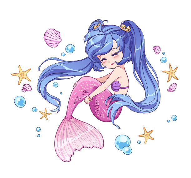 可爱的小卡通美人鱼有长长的蓝色头发和粉红色鱼尾。手绘矢量插图涂色书，贴纸，衬衫，卡片。图片下载