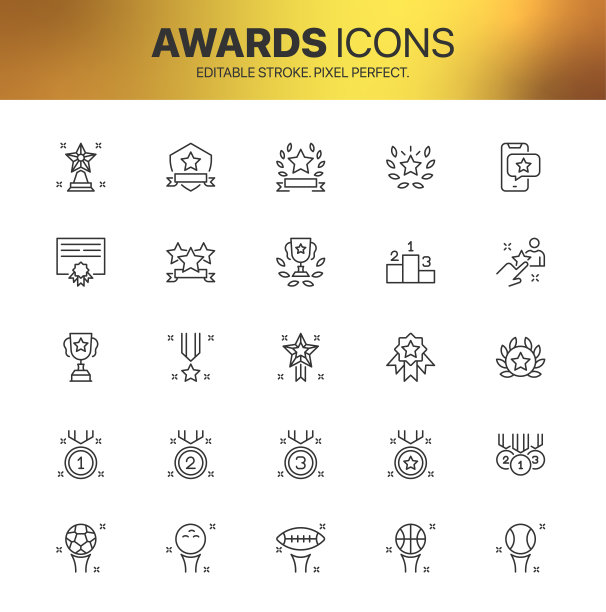 奖励图标集。奖杯杯，奖章，优胜者奖和成就线性图标集图片下载