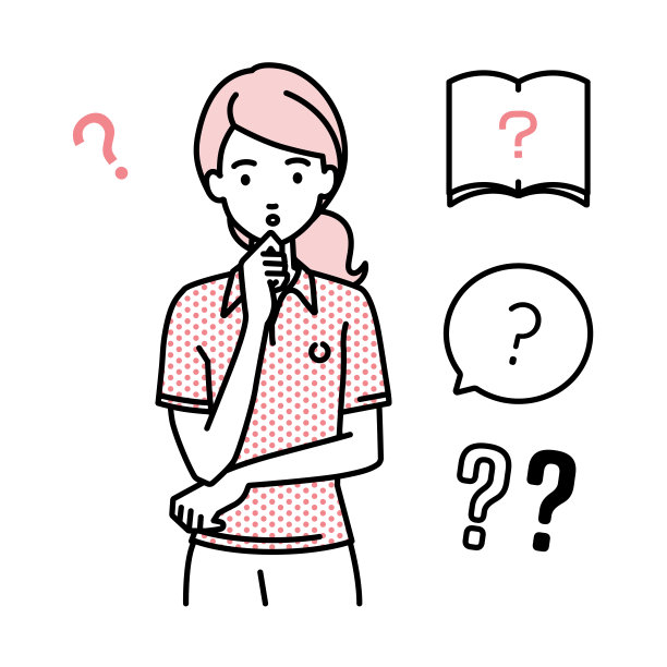 一个穿着polo衫的女人拿着一个问题站在那里，她的手指放在下巴上的问号图片下载