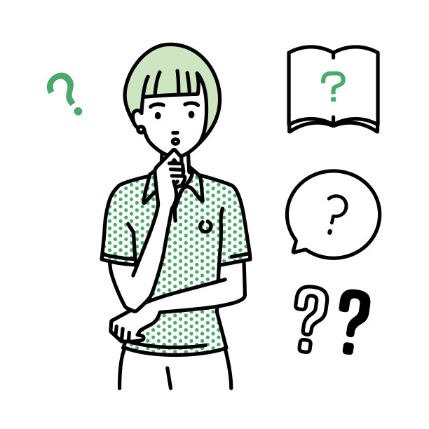 一个穿着polo衫的女人拿着一个问题站在那里，她的手指放在下巴上的问号图片下载