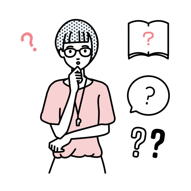 一名女教师拿着考卷站在那里，手指放在下巴上的问号上图片下载