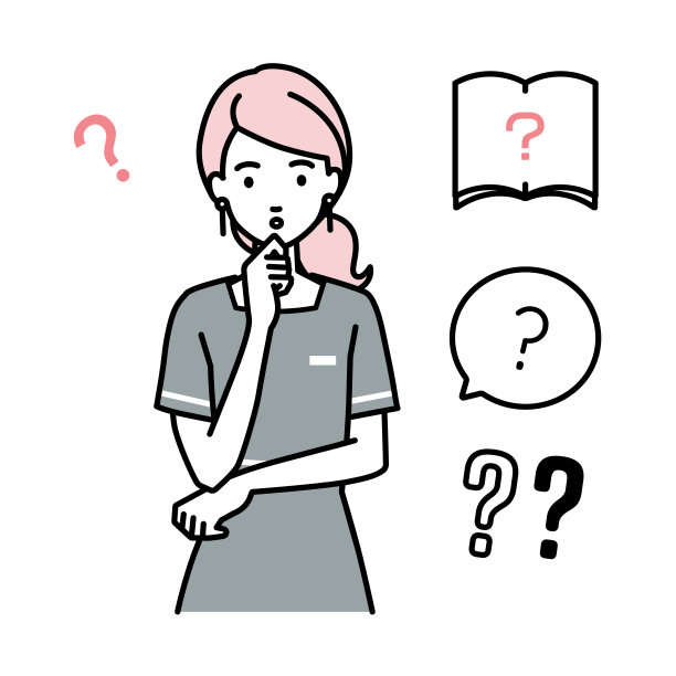 一个美学家，女接待员拿着一个问题站在她的手指在她的下巴问号设置图片下载