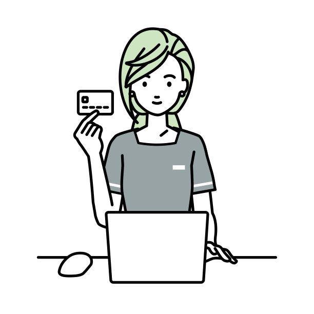 一位美容师，女接待员在她的办公桌上使用笔记本电脑，拿着一张信用卡图片下载