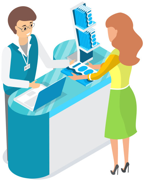 男性推广人员向女性发放传单。经销商广告展览、展示图片下载