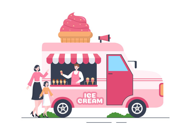 冰淇淋店模板手绘卡通平面插画与美味的甜点和各种口味的设计图片下载