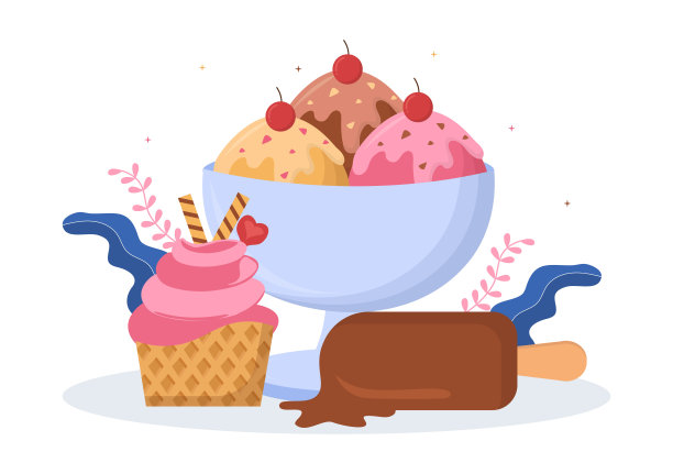 冰淇淋店模板手绘卡通平面插画与美味的甜点和各种口味的设计图片下载