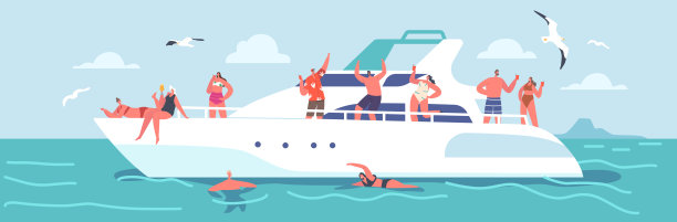 夏季假期克鲁斯。年轻人在海上的豪华游艇上放松。快乐的男女角色在船上休息图片下载