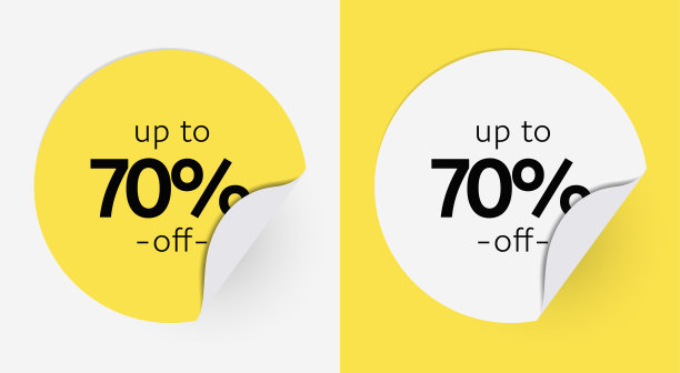 矢量高达70%销售按钮形状横幅设计集。黄色，白色圆形创意横幅孤立的广告平面设计图片下载