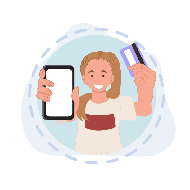 女士展示支付卡和手机应用程序。网上购物，购物app，塑料信用卡和智能手机。矢量插图。图片下载