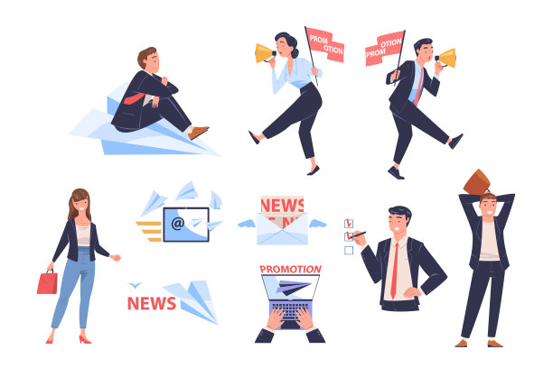 推广与男女从事营销和广告活动与纸平面矢量集图片下载