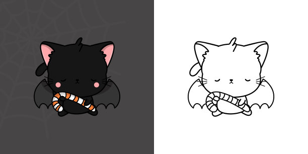 可爱的剪纸万圣节孟买猫插画和着色页。卡通万圣节的小猫。可爱的矢量插图卡哇伊万圣节动物在吸血鬼服装。图片下载