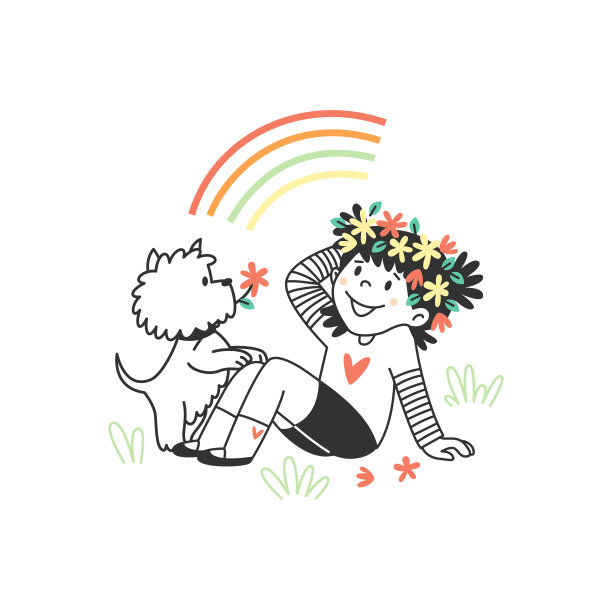 一个可爱的小女孩正在和她的狗玩。一个戴着花圈的孩子坐在草地上。彩虹。弹簧插画线性平面风格涂鸦。图片下载