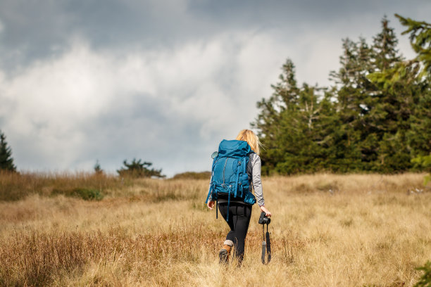 女性徒步旅行者带着背包和相机在大自然中徒步图片下载