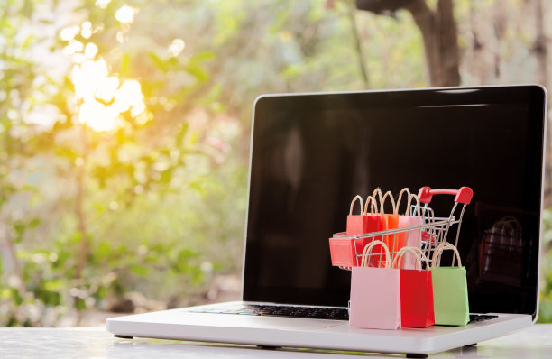 网上购物。在笔记本电脑键盘上有购物车标志的购物袋。网上购物服务。提供送货上门图片下载