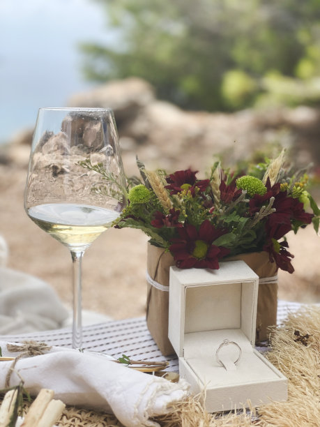 在大自然中享受浪漫的野餐，欣赏海景，戴着订婚钻戒图片下载