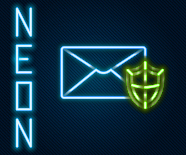 发光的霓虹灯线信封与盾图标图片下载
