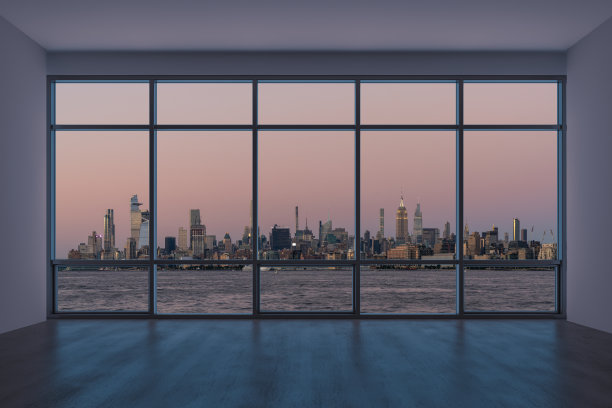 从高楼窗看到的纽约市中心曼哈顿天际线建筑。美丽昂贵的房地产。空房间室内摩天大楼查看城市景观。日落西区。3d渲染。图片下载