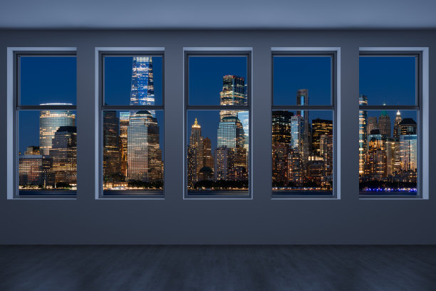 纽约市下曼哈顿市区天际线建筑。高地板窗口。美丽昂贵的房地产。空房间室内摩天大楼查看城市景观。金融区。晚上,3 d渲染。图片下载