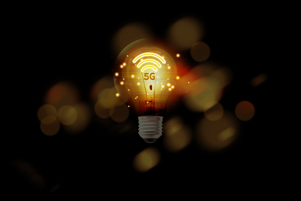 灯泡调暗，背景为散景。Icon无线局域网上的5G网络连接技术灯泡图片下载